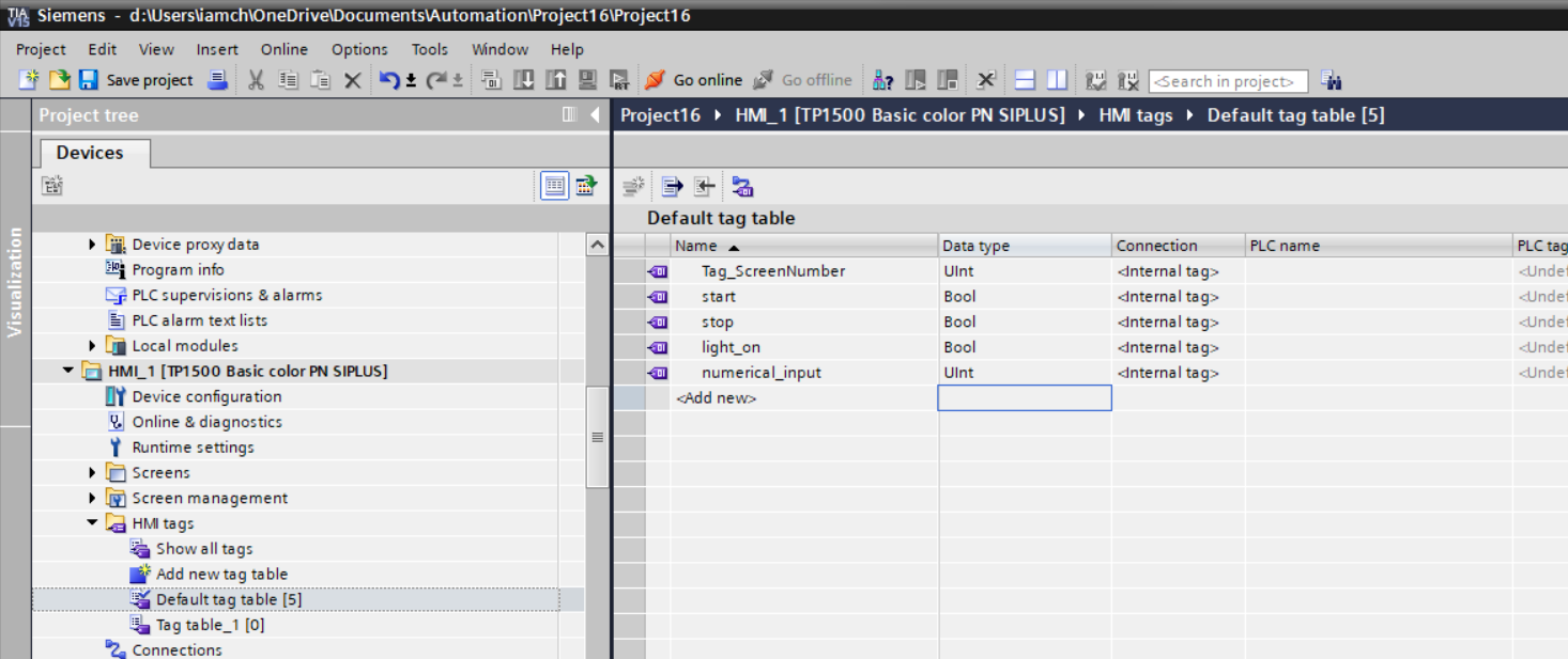 add tag to your hmi device in wincc tia portal